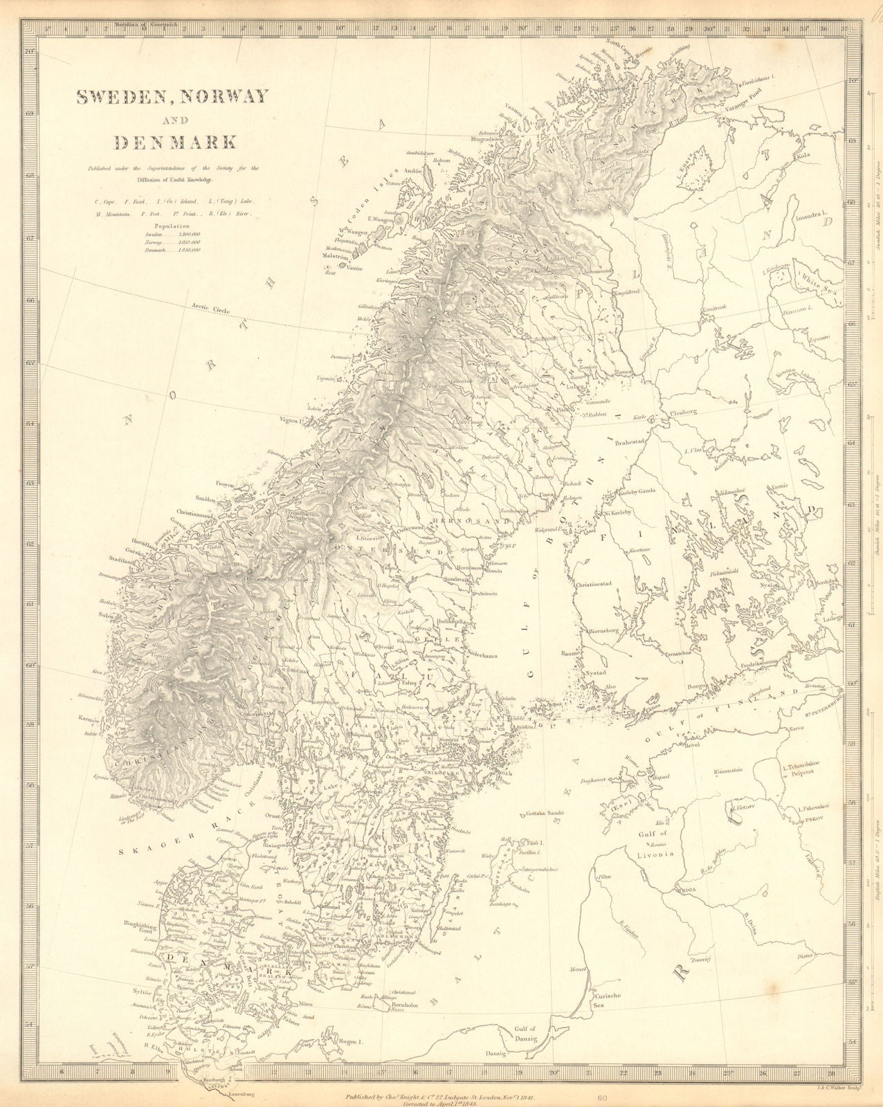 SCANDINAVIA. Sweden, Norway, and Denmark. Population table. SDUK 1848 old map